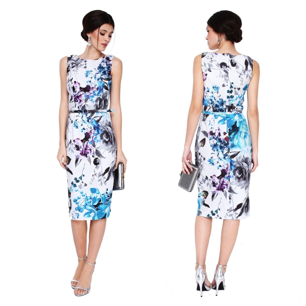 David Meister Cotton Multi Flower Sleeveless Belted Dress
